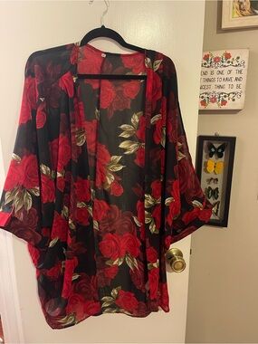 Amazon Sheer Floral Kimono Robe - Red & Green on Black